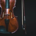 Learning Instrument - brown violin with bow in black background