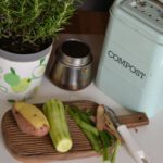 Compost Bin - green plant on white and purple floral ceramic pot